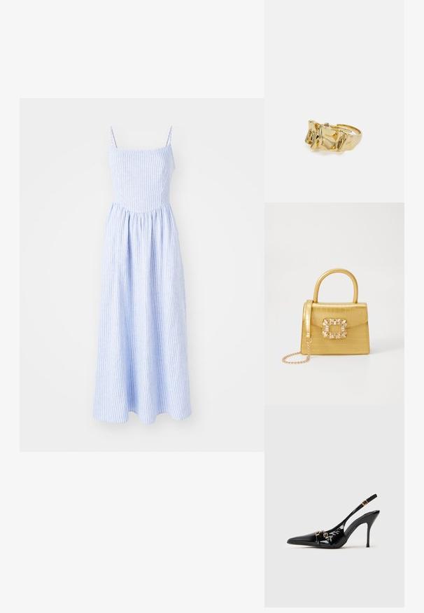 Modra prugasta maksi obleka z tankimi naramnicami, nabranim pasom in padajočo krilo. Narejena je iz lahkega materiala s gladko teksturo.; Črne lakirane usnjene pete s slingback dizajnom,尖尖 toe designa, z zlato strojno opremo in elegantno obliko.; Rumeno usnjeno-usnje z vzorcem krokodila, s strukturiranim dizajnom, zgornjo ročajem, snemljivo verižico in dekorativnim kristalnim okrasjem na zaponki.; Zlati prstan z teksturiranim, valovitim dizajnom, ki ima tri izrazite vrhove. Gladka, sijoča površina z odprtim pasom za prilagodljivo prileganje.