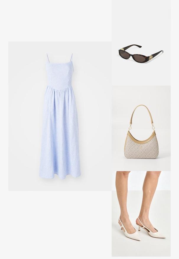 Vestido maxi a rayas azul con tirantes finos, cintura fruncida y una falda fluida. Hecho de una tela ligera con una textura suave.; Tacones slingback de charol beige con punta afilada y un tacón de 5 cm, con lados recortados y una delgada correa en el tobillo.; Gafas de sol carey con lentes ovalados alargados, tintado marrón, acentos de logo dorado en las patillas y brazos negros elegantes.; Bolso de mano beige con un patrón y forma curva, acentos de cuero y un logo tono dorado en la parte frontal. Cuenta con un asa corta para un fácil transporte.; Collar de perlas y cristales con un diseño redondo y abalorado en tonos suaves, que presenta perlas alternadas y acentos brillantes, llevado alrededor del cuello.