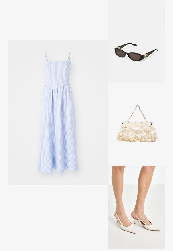 Blau gestreiftes Maxikleid mit dünnen Trägern, gerafftem Taillengürtel und einem fließenden Rock. Hergestellt aus leichtem Stoff mit glatter Textur.; Beige Lackleder Slingback-Absätze mit spitzem Fuß und 5 cm Absatz, mit ausgeschnittenen Seiten und einem schmalen Knöchelriemen.; Schildpatt-Sonnenbrille mit länglich-ovalen Gläsern, braunem Farbton, goldenen Logo-Akzenten an den Bügeln und schlanken schwarzen Bügeln.; Weißes Blumenhandtasche mit einer gerafften Stoffoberfläche, goldfarbener Kettenriemen und metallischem Verschluss. Mit strukturierten Blütenblättern für zusätzliche Details.
