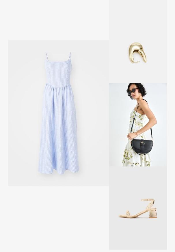 Blåstribet maxi kjole med tynde stropper, samlet talje og en svajende nederdel. Lavet af letvægtsstof med en glat tekstur.; Gyldne metalliske hælede sandaler med en vinkelret blokhæl, to remme over foden og en justerbar ankelrem. Glat tekstur.; Sort læderhåndtaske med en buet form, aftagelig rem og guldfinish. Tasken har en klap med en spænde detalje.; Guldtonet metal ørering med et slankt, buet design. Har en karakteristisk spids form, poleret overflade og hængselåbning.