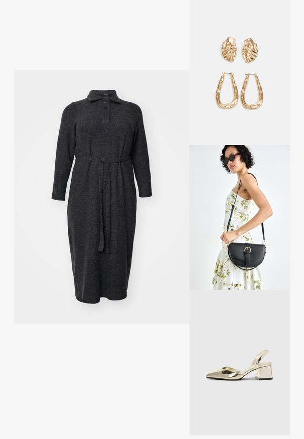 Dark gray long-sleeve dress made of soft fabric, featuring a collared neckline, five-button placket, and a tied waist for shape.; Gold, metallic slingback heels with a pointed toe and chunky heel. Smooth texture, minimalistic design, and a narrow strap.; Black leather handbag with a curved shape, detachable strap, and gold hardware. The bag features a flap with a buckle detail.; Gold-tone earrings featuring textured, wavy shapes. Includes sculptural clip-on studs and open hoop design with a hammered finish.