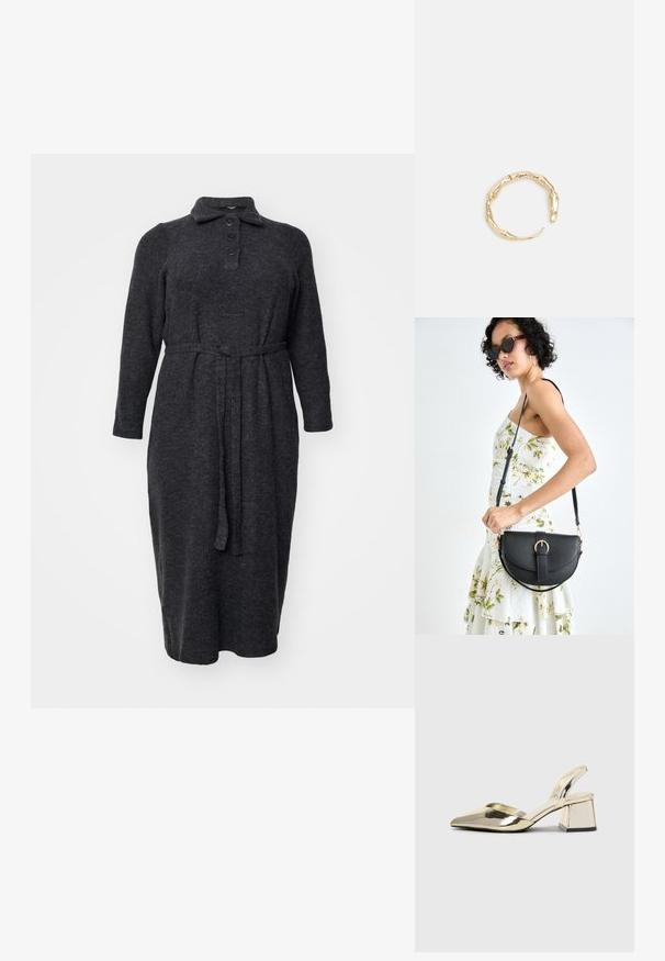 Mørkegrå langærmet kjole lavet af blødt stof, med krave, fem knaplukninger og en bundet talje for form.; Guld, metalliske slingback-hæle med spids tå og kraftig hæl. Glat tekstur, minimalistisk design og en smal strop.; Sort læderhåndtaske med en buet form, aftagelig rem og guldfinish. Tasken har en klap med en spænde detalje.; Guld-tone ring med et organisk, snoet design, glat overflade og affasede ender, hvilket skaber et moderne, skulpturelt udseende.