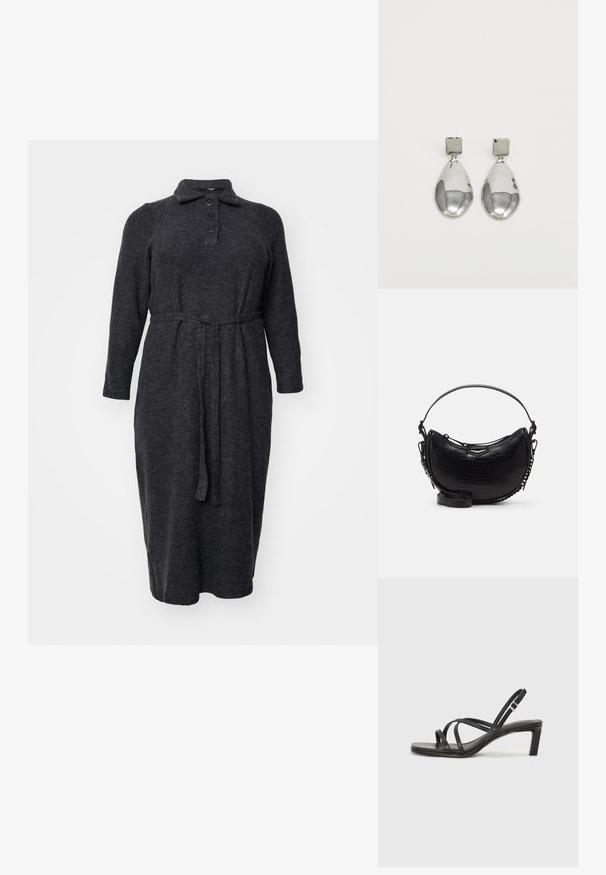Sötét szürke, hosszú ujjú ruha, puha anyagból készült, galléros nyakkivágással, öt gombbal ellátott nyitott résszel és megkötős derékkal a kialakítás érdekében.; Fekete pántos szandál négyzetes orral és alacsony blokk sarkal. Több vékony pánttal és állítható boka pánttal rendelkezik. Sima bőrből készült.; Fekete krokodilbőr hatású kézitáska ívelt formával, levehető vállpánttal és egy elegáns fém díszítéssel az elején.; Ezüst csepp fülbevalók négyzet alakú fülbevalóval, sima, fényes felülettel és csepp formával, amely fényt tükröz egy fényes felületen.