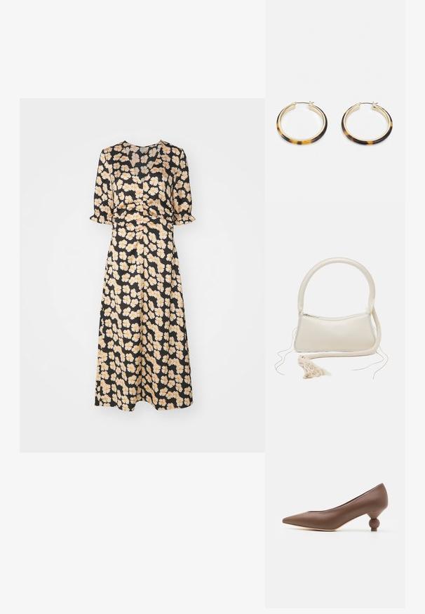 Baum und Pferdgarten AMMY pomarańczowy; Brązowy skórzany czółenek o spiczastym nosku z unikalnym zaokrąglonym obcasem. Gładka tekstura, elegancki design i minimalistyczne detale.; Kremowa torebka na ramię z zaokrąglonym uchwytem, zamknięciem na zamek błyskawiczny i detalem w postaci frędzli. Charakteryzuje się gładką skórzaną fakturą i kontrastowym wykończeniem z tkaniny.; Złocone kolczyki w kształcie kół z zewnętrzną krawędzią pokrytą wzorem w muszki, charakteryzujące się gładkim wykończeniem i eleganckim, okrągłym kształtem.