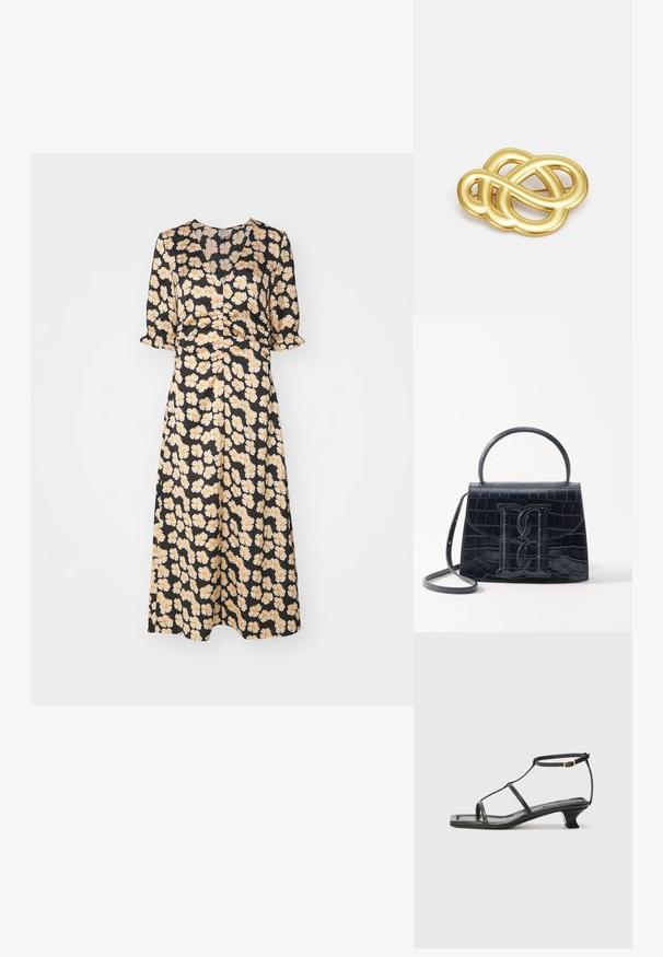 Baum und Pferdgarten AMMY - Košilové šaty - orange; Černá kožená sandál s čtveratou špičkou, tenkými popruhy, nastavitelným kotníkovým popruhem a nízkým podpatkem. Obsahuje malý zlatý akcent na popruhu.; Černá kabelka z krokodýlí kůže s embosovaným vzorem, strukturovaným designem, horním uchycením, nastavitelným popruhem a výrazným logem na přední straně.; Brož ve zlatém tónu s uzlovým vzorem, hladkými zakřivenými liniemi a složitým tvarem, odrážející lesklý povrch.