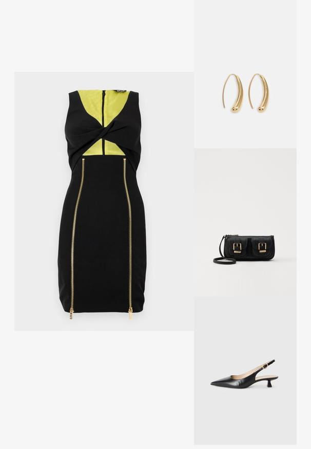 Vestido preto com um painel amarelo, detalhe em torção na frente e fechos de correr dourados nas laterais para um contraste de design adicional.; Sandal de salto kitten em couro preto com bico pontudo e fivela dourada na correia lateral, em fundo branco.; Bolsa de ombro em couro preto com dois bolsos frontais, fivelas douradas, fecho de zíper e uma alça fina. Superfície texturizada e forma retangular compacta.; Brincos em metal dourado com forma de arco alongado e curvado. Apresentam uma superfície lisa e brilhante, com uma ponta arredondada para um detalhe adicional.