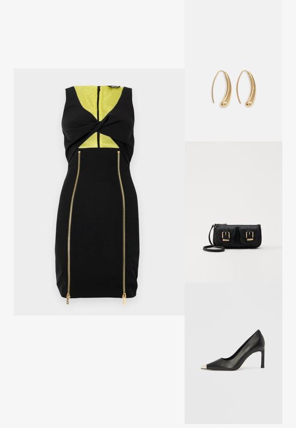 Čierne šaty s žltým panelom, predným zatočením a zlatými zipsami na bokoch pre zvýraznenie dizajnového kontrastu.; Čierna kožená lodička s vysokým opätkom, špičkou a kovovou striebornou špičkou. Má hladký povrch a štíhly 10 cm opätok.; Čierna kožená crossbody taška s dvoma prednými vreckami, zlatými sponami, zipsovým uzatváraním a úzkym popruhom. Štruktúrovaný povrch a kompaktný obdĺžnikový tvar.; Náušnice vo forme zlatých kovových kruhov s zakriveným, predĺženým tvarom. Majú hladký, lesklý povrch a zaoblený koniec pre pridanie detailu.