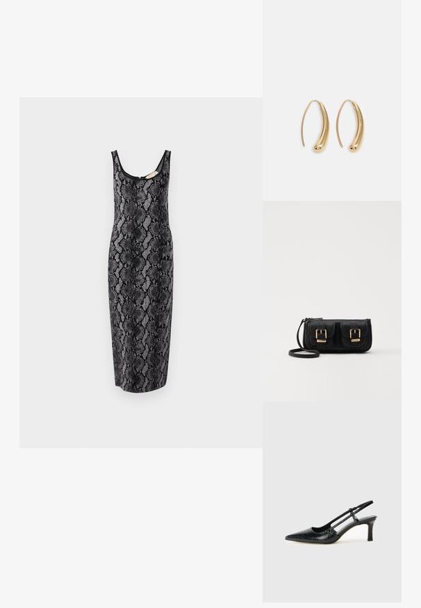 MICHAEL Michael Kors VIPER - Robe pull - black; Escarpin slingback en vernis noir avec un bout pointu, présentant un imprimé serpent texturé, une sangle réglable et un petit talon bloc texturé.; Sac en cuir noir porté en travers avec deux poches avant, boucles dorées, fermeture zippée et une sangle fine. Surface texturée et forme rectangulaire compacte.; Boucles d'oreilles en métal doré en forme d'anneau, avec une forme courbée et allongée. Elles présentent une surface lisse et brillante avec une pointe arrondie pour un détail supplémentaire.