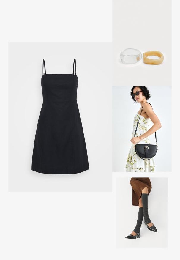 Rochie neagră cu bretele subțiri, cu un corset ajustat și fustă evazată. Confecționată dintr-un material fin, cu un design curat și simplu, fără modele vizibile.; Pantofi negri din piele lacuită, cu vârful ascuțit, toc bloc și curea la glezna, asortați cu jambiere gri cu nervuri și o fustă din suede maro.; Geantă din piele neagră, cu o formă curbată, curea detașabilă și accesorii aurii. Geanta are un capac cu un detaliu tip cataramă.; Inele din rășină clară și chihlimbar, unul neted și transparent, iar celălalt cu o finisare texturată, de chihlimbar. Ambele au un design rotund și suculent.