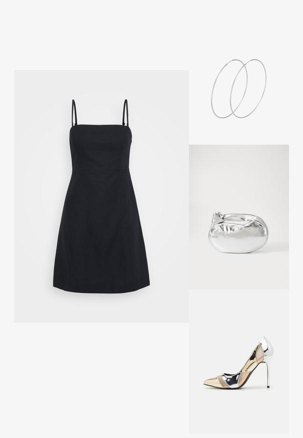 Juoda suknelė su plonomis petnešomis, prigludusia liemene ir platėjančia sijona. Pagaminta iš lygaus audinio, su švariu, paprastu dizainu ir be matomų raštų.; Aštrus pirštas aukštakulnis batelis su sidabro, aukso ir nuogų spalvų deriniu. Blizgus paviršius su išpjovos dizainu, su stiletto kulnu.; Sidabrinė metalinė maišelio forma su švelnia, apvalia forma ir mazgu užveriamu viršumi. Pagaminta iš lygios dirbtinės odos medžiagos.; Sidabrinės pusmėnulio auskarai minimalistiniu dizainu. Apskritimo forma, lygus paviršius ir plonas profilis. Lengvi su poliruotu apdailu.