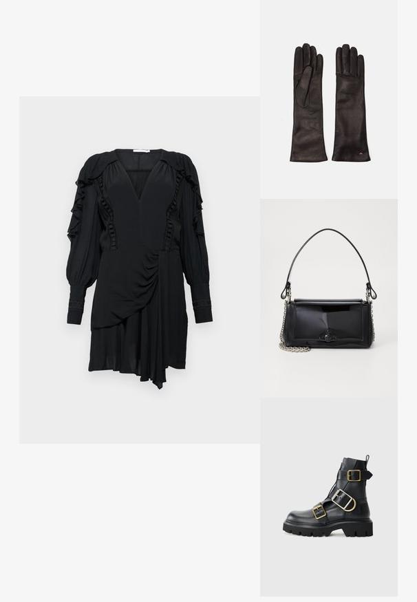 Fekete ruha fodros ujjakkal, mély V-nyakkivágással és aszimmetrikus szegéllyel. Texturált díszítések találhatók a fazonban és az ujjakon. Puha anyag.; Fekete bőr bokacsizma vastag talppal, több pánttal és arany színű kiegészítőkkel. Simára csiszolt felület, robosztus dizájn.; Fekete lakkbőr kézitáska téglalap alakú, láncos vállpánttal és középen egy jellegzetes fém díszítéssel. Simaszerkezet.; WEEKEND MaxMara SENAPE - Kesztyűk - nero