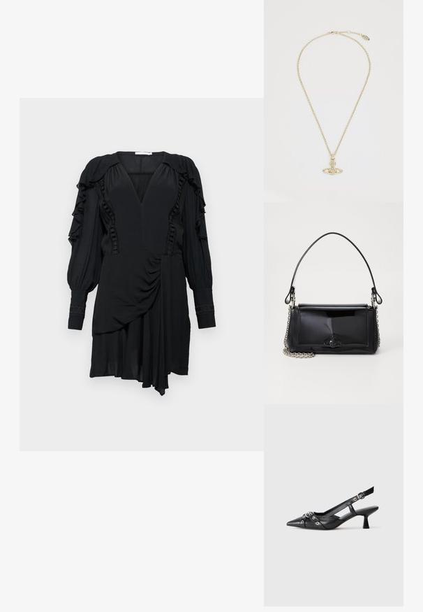 Fekete ruha fodros ujjakkal, mély V-nyakkivágással és aszimmetrikus szegéllyel. Texturált díszítések találhatók a fazonban és az ujjakon. Puha anyag.; Fekete bőr slingback cipő hegyes orral, dekoratív pántokkal, fém szemekkel és alacsony blokk sarkú. Texturált felület.; Fekete lakkbőr kézitáska téglalap alakú, láncos vállpánttal és középen egy jellegzetes fém díszítéssel. Simaszerkezet.; Vivienne Westwood MAYFAIR BAS RELIEF PENDANT - Nyaklánc - gold-coloured