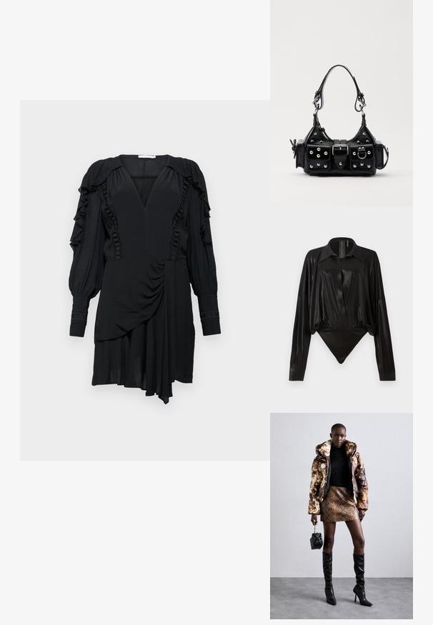 Čierne šaty s volánikovými rukávmi, hlbokým výstrihom do V a asymetrickým lemom. Obsahujú textúrované akcenty pozdĺž korzetu a rukávov. Mäkka tkanina.; Čierny body s dlhými rukávmi, výstrihom do V a priliehavým strihom. Vyrobené z lesklého, hladkého materiálu so štruktúrovaným golierom a manžetami.; Bundička s kapucňou so hnedo-čiernym vzorom, skombinovaná s mini suknou s hadím vzorom v hnedej farbe, čiernymi čižmami po kolená a malou čiernou kabelkou.; Čierna kožená kabelka s zakriveným dizajnom, doplnená striebornými cvočkami, prackou a dvoma bočnými vreckami. Nastaviteľný popruh poskytuje rôzne možnosti nosenia.