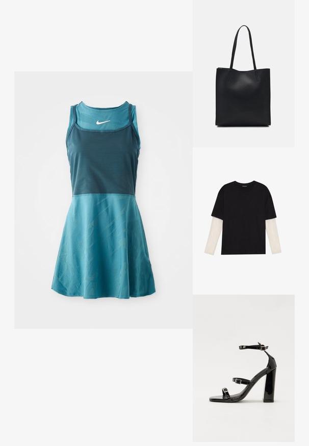 Brezrokavni teal in temno modri športni jopič Nike z oprijetim pasom in a-silueto krila, ki prikazuje bel Nike swoosh logotip na prsih.; Črna majica iz bombaža s kratkimi rokavi, ki pokriva belo dolgi rokav z subtilnim teksturiranim vzorcem. Oblika izrezanega vratu.; Črne lakirane sandale s peto, kvadratnim prstom, trakovi okrog gležnja in srebrnimi zaponkami. Opremljene so s stabilno Debelo peto.; Črna usnjena torba s svilnato teksturo, pravokotne oblike in dvema dolgima ročajema. Brez vidnih metalnih delov ali okrasnih elementov.