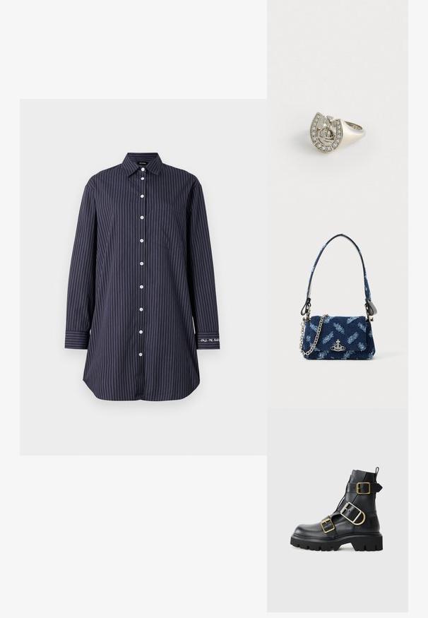 Cămașă închisă la culoare, cu dungi verticale, mâneci lungi, guler clasic, un buzunar pe piept și detalii text pe mânecă.; Cizme de gleznă din piele neagră cu toc gros, având mai multe curele și accente din metal auriu. Textură netedă, design robust.; Geantă din material bleu marin cu un design texturat, elemente din metal argintiu și o curea din lanț detașabilă. Dispune de o închidere cu clapetă și un accent cu logo.; Inel argintiu în formă de potcoavă, decorat cu mici pietre transparente pe marginile exterioare și cu un design central care prezintă o cruce.