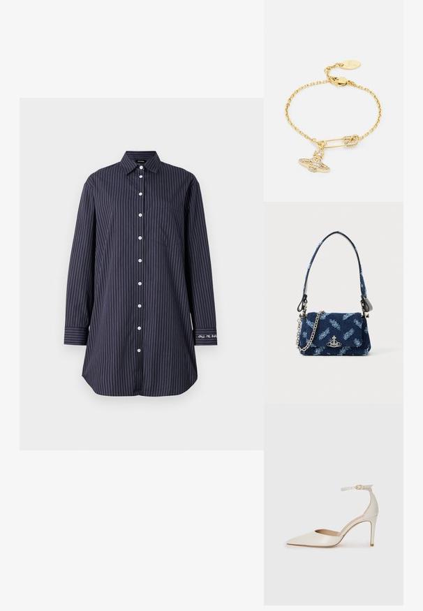 Marineblå skjorte med knapper, lodrette striber, lange ærmer, klassisk krave, enkelt brystlomme og tekstdetalje på ærmet.; Hvide læder højhælede sko med spids tå, ankelrem og en slank stiletto-hæl. Glat tekstur med subtilt glansfuld finish.; Mørkeblå stof håndtaske med en struktureret design, sølv hardware og en aftagelig kædetras. Har en klaplukning og et logo accent.; Guldtonet armbånd med kædedesign, udsmykket med en sikkerhedsnål charm og en funkende sløjfe detalje. Inkluderer låse lukning og logo mærke.