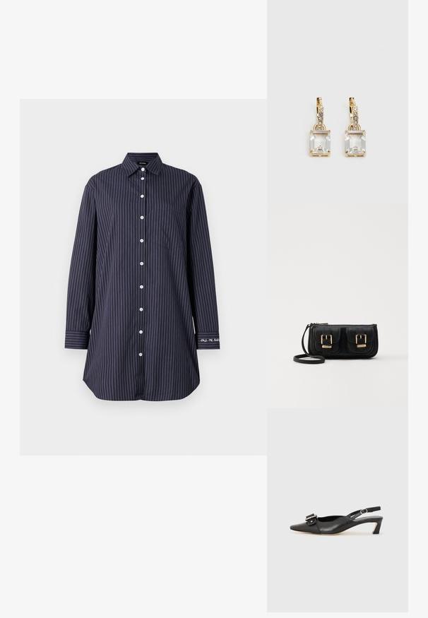 Chemise à boutons navy avec des rayures verticales, manches longues, col classique, poche poitrine unique et détail textuel sur la manche.; Chaussure slingback en cuir noir avec un bout pointu, un petit talon et un détail de boucle décoratif sur le dessus. Texture lisse, design minimaliste.; Sac en cuir noir porté en travers avec deux poches avant, boucles dorées, fermeture zippée et une sangle fine. Surface texturée et forme rectangulaire compacte.; Boucles d'oreilles en or lumineux avec un cristal rectangulaire transparent pendent sous une rangée de petits accents ronds transparents. Design élégant et moderne.