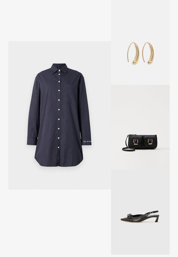Camicia blu navy con righe verticali, maniche lunghe, colletto classico, taschino sul petto e dettaglio testuale sulla manica.; Scarpa slingback in pelle nera con punta affusolata, tacco basso e dettaglio decorativo a fibbia sulla parte superiore. Texture liscia, design minimalista.; Borsa a tracolla nera in pelle con due tasche frontali, fibbie dorate, chiusura con zip e una tracolla sottile. Superficie texturizzata e forma rettangolare compatta.; Orecchini a cerchio in metallo color oro con forma curva ed allungata. Presentano una superficie liscia e lucida e una punta arrotondata per un tocco di dettaglio in più.
