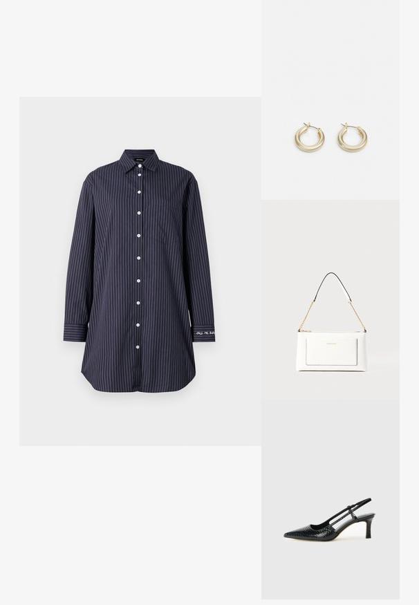 Camisa azul-marinho com botões, riscas verticais, mangas longas, colarinho clássico, um bolso no peito e detalhe em texto na manga.; Salto slingback em patente preta com bico apontado, apresentando um padrão de pele de cobra texturizado, tira ajustável e um salto bloco curto e texturizado.; Bolsa de mão branca em couro com acabamento texturizado, featuring a corrente dourada e detalhes pretos. Inclui um bolso frontal e fecho com zipper.; Lauren Ralph Lauren BASIC SMALL HOOP - Brincos - gold-coloured