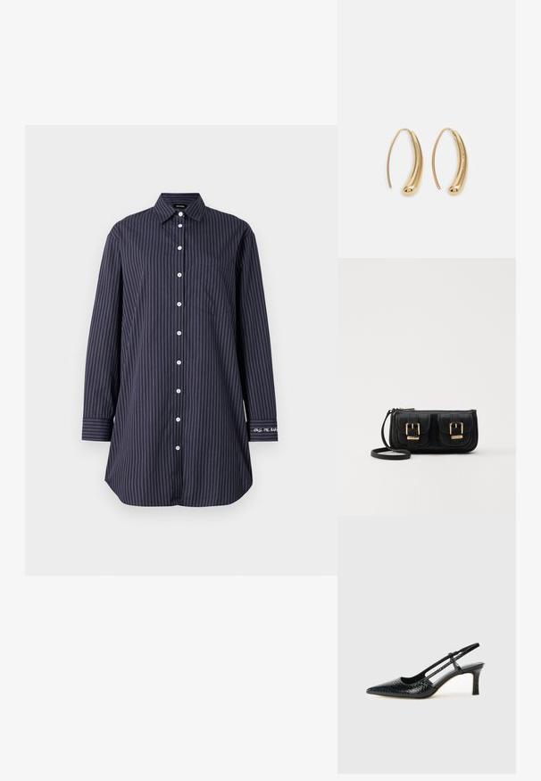 Navy Button-Up-Hemd mit vertikalen Streifen, langen Ärmeln, klassischem Kragen, einer einzelnen Brusttasche und Textdetails am Ärmel.; Schwarze Lack-Slingback-Pumps mit spitzem Zehenbereich, versehen mit strukturiertem Schlangenprint, verstellbarem Riemen und einem kurzen, strukturierten Blockabsatz.; Schwarze Leder-Umhängetasche mit zwei vorderen Taschen, goldenen Schnallen, Reißverschluss und einem schmalen Tragegurt. Texturierte Oberfläche und kompakte rechteckige Form.; Goldfarbene Metall-Hoops mit einer geschwungenen, länglichen Form. Sie verfügen über eine glatte, glänzende Oberfläche und eine abgerundete Spitze für zusätzliche Details.