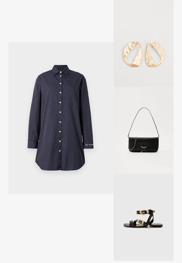 Camisa azul-marinho com botões, riscas verticais, mangas longas, colarinho clássico, um bolso no peito e detalhe em texto na manga.; Sandálias de couro pretas com detalhes em fivela dourada, apresentando várias tiras e um design de sola plana para uso à vista.; Saco de couro preto com uma alça de corrente prateada, apresentando ornamentos em forma de asas e costura branca ao longo da costura inferior.; Par de brincos irregulares em forma oval, feitos de metal dourado, com uma superfície texturizada e ligeiramente martelada, sobre um fundo branco.