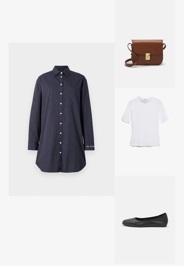 Námornícka košeľa na gombíky s vertikálnymi prúžkami, dlhými rukávmi, klasickým golierom, jedným vreckom na hrudi a textovým detailom na rukáve.; Biela krátka tričko s krátkymi rukávmi vyrobené z rebrovanej látky. Klasický okrúhly výstrih, bežný strih a jemné švy. Bez vzorov alebo grafiky.; Čierne kožené baleríny s okrúhlou špičkou, hladkým povrchom, minimálnym prešívaním a flexibilným dizajnom podrážky.; Hnedá kožená kabelka s klopou, zlatými kovovými prvkami, ramenným popruhom a hladkým povrchom. Kompaktný obdĺžnikový tvar.