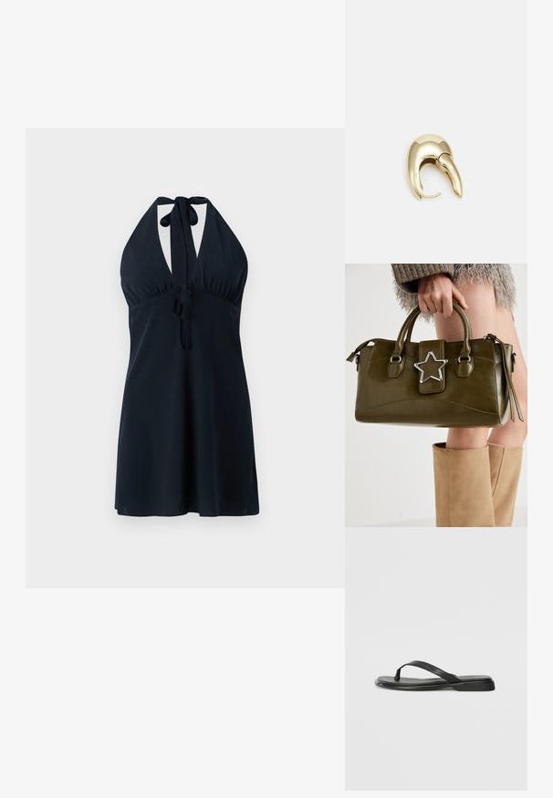Mørk marineblå halterneck kjole med dyp utringning, samlet midje og bånd ved nakken og midjen. Jevnt stoff med en flytende silhuett.; Sorte flip-flop laget av glatt lær, med en tynn stroppdesign og en flat såle med et minimalistisk utseende. Ingen bemerkelsesverdige mønstre eller aksenter.; Oliven grønn faux lær håndveske med sølvstjerneakcent, doble håndtak og glidelåslukking. Teksturert overflate og strukturert form.; Gullfarget metalløredobber med et elegant, buet design. Har en karakteristisk spiss form, polert overflate og hengsel-lukking.