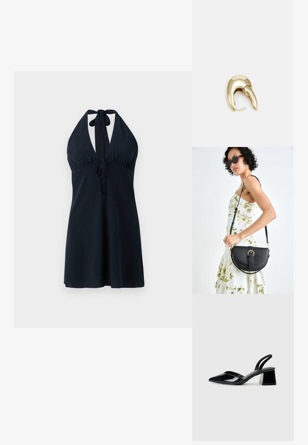 Temno modra halter obleka z globokim izrezom, nabranim pasom in vezavama na vratu in pasu. Gladek material s tekočo silhueto.; Črne lakirane slingback pete s koničastim nosom in geometrijsko blokasto peto. Imajo eleganten, minimalističen dizajn in gladko teksturo.; Črna usnjena torbica s ukrivljeno obliko, z odstranljivo naramnico in zlatimi dodatki. Torbica ima pokrov s podrobnostmi v obliki zaponke.; Uhane nakit iz zlatastega tona z gladko, ukrivljeno zasnovo. Ima edinstveno koničasto obliko, polirano površino in zaponko s tečajem.