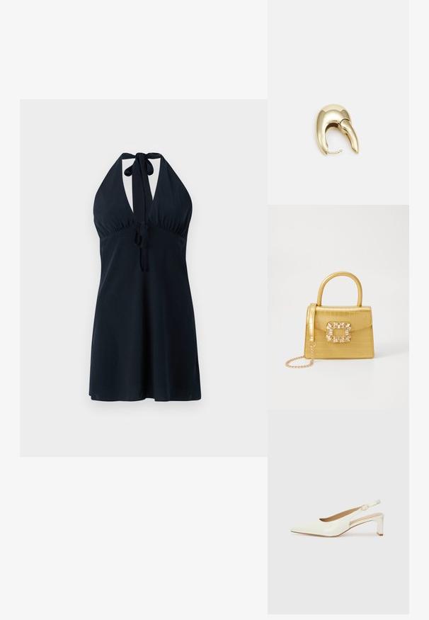 Tumši jūras zils halter tērps ar dziļu dekoltē, saplacinātu jostas vietu un saitēm ap kaklu un vidukli. Gluda auduma, plūstoša silueta.; Balta patent ādas sandale ar norādītu purngalu un zemu blokus papēdi. Satur smalku siksniņu ar zelta krāsas sprādzi.; Dzeltena mākslīgā krokodila roku soma ar strukturētu dizainu, augšējo rokturi, noņemamu ķēdes siksniņu un dekoratīvām kristāla rotājumiem aizdares daļā.; Zeltīti metāla auskari ar gludu, izliekta dizaina. Ar atšķirīgu smailu formu, pulētu virsmu un eņģu aizdari.