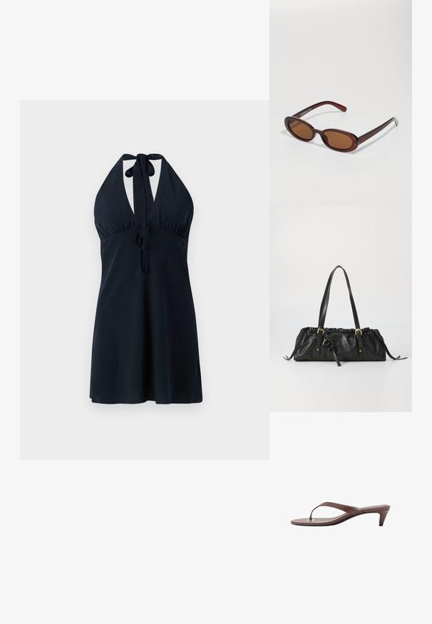 Tamno plava halter haljina s dubokim izrezom, skupljenim strukom i vezicama oko vrata i u struku. Glatka tkanina s fluidnim siluetom.; Smeđe natikače na petu s tankim remenom i zaobljenim vrhom, sa malim zlatnim akcentom na ulošku.; Okvir okruglih, smeđkastih sunčanih naočala s sjajnim burgundskim okvirom. Uski nositelji s suptilnim brendiranjem. Ravna leća.; Crna kožna torba s naboranim vrhom, dva remena za rame, zlatni hardver i središnji kružni naglasak. Glatka tekstura, kompaktni oblik.