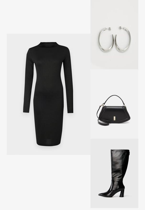 Ilgi piedurkņu melna kleita ar augstu apkakli, gludu faktūru, cieši pieguļošu piegriezumu un ceļa garuma apakšmalu. Izgatavota no elastīga auduma ar vieglu spīdumu.; Ceļgala augstumā melnas ādas zābaki ar saplacinātu purngalu, gludu tekstūru un masīlu papēdi. Aizmugurē ir rāvējslēdzēja detalizācija.; Melnas ādas roku soma ar struktūru, ar īsu formu, augšējo rokturi un zelta aksesuāriem. Iekļauta regulējama plecu siksna.; Sudraba riņķveida auskari ar gludu, izliekta dizaina formu. Iezīmējas ar spīdīgu metāla apdari un pievienojamu aizdari. Nav redzamu rakstu vai akcentu.