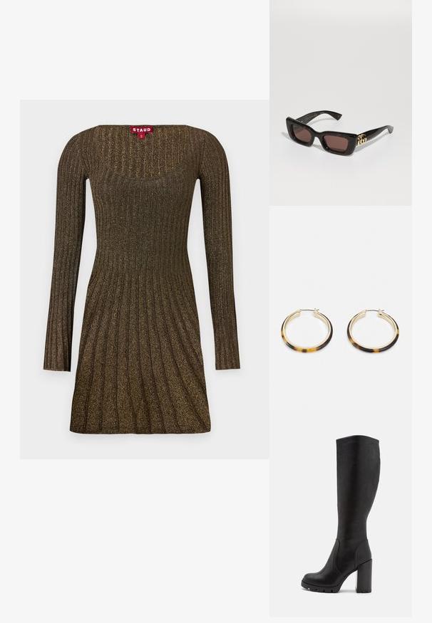 Πλεκτό φόρεμα με μακριά μανίκια, με ραβδωτή υφή σε καφέ απόχρωση με διακριτή λάμψη, τετράγωνη λαιμόκοψη και φαρδιά σιλουέτα.; Μαύρες μπότες μέχρι το γόνατο από λείο υλικό, με χοντρό τακούνι, στρογγυλή μύτη και διακριτές ραφές.; Μαύρα γυαλιά ηλίου από τιρμπαζά με ορθογώνιους φακούς, καφέ απόχρωση, παχύ σκελετό και χρυσή λεπτομέρεια διπλού λογότυπου G στον βραχίονα.; Χρυσές σκουλαρίκια κρίκοι με φίνιρ που απεικονίζει διακόσμηση από καβουριάρικο, διαθέτοντας λεία επιφάνεια και κομψό, κυκλικό σχήμα.