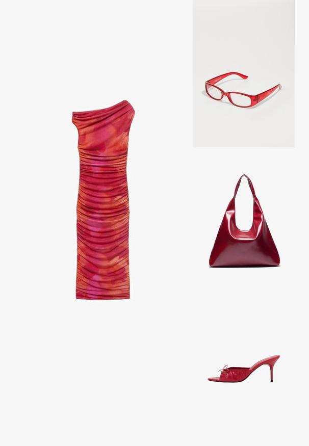 Mango MIRA - Rochie tip creion - pink; Sandale roșii din piele, cu vârful deschis, design cu cute și pliuri, și o fundă decorativă. Prezintă un toc stiletto și un finisaj neted.; Ochelari de soare din plastic roșu cu ramă rectangulară, lentile transparente și brațe subțiri. Logo-ul mărcii "even&odd" este embosat pe templu.; Geantă din piele roșie lucioasă, cu o formă triangulară, deschidere largă în partea de sus și un singur mâner curbat. Textură netedă cu detalii minime de coasere.
