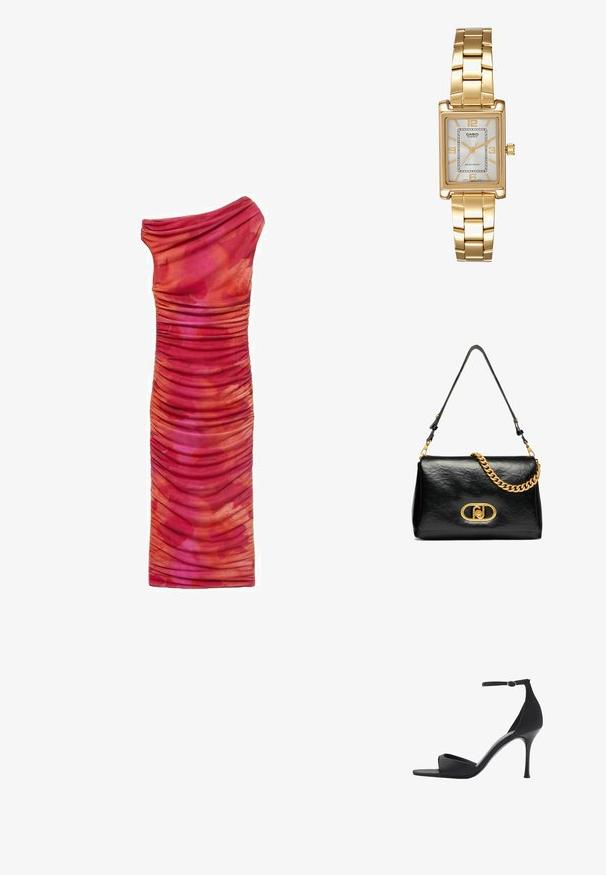 Mango MIRA - Etui-jurk - pink; Mango Sandalen met hoge hak - black; Zwarte leren schoudertas met een gekreukeld textuur, gouden kettingaccent en een opvallende gouden sluiting met een ovale logo. Verstelbare schouderband.; Gouden rechthoekige polshorloge met een witte wijzerplaat, zilverkleurige uurmarkeringen en een duurzame metalen schakelarmband. Inclusief waterdichte functie.