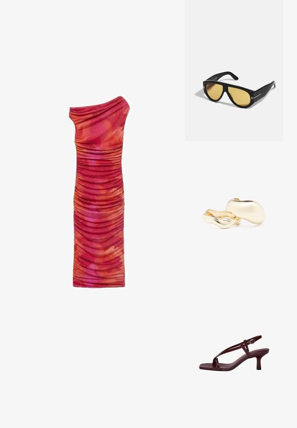 Mango MIRA - Etuikjole - pink; Bordeaux højhælede sandaler med firkantet tå, slanke stropper og en ankelrem med spænde. Glat lædertekstur og en slank, blokhæl.; Sorte solbriller med en geometrisk ramme, gule linser og gyldne detaljer på stængerne. Glat tekstur, bred form, moderne design.; Guldfarvede øreringe med en organisk, bønneformet silhuet og en glat, reflekterende overflade; har et minimalistisk design uden synligt hardware.