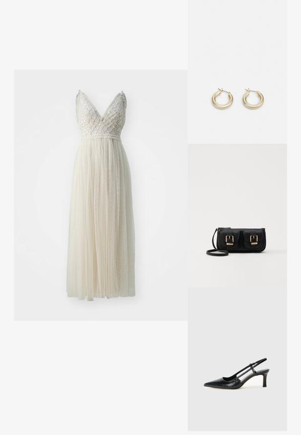 Needle & Thread HEART LATTICE BODICE CAMI ANKLE GOWN EXCLUSIVE - Occasion wear - cream; Black patent slingback heel with a pointed toe, featuring textured snake print, adjustable strap, and a short, textured block heel.; Black leather crossbody bag with two front pockets, gold buckles, zipper closure, and a slim strap. Textured surface and compact rectangular shape.; Lauren Ralph Lauren BASIC SMALL HOOP - Earrings - gold-coloured