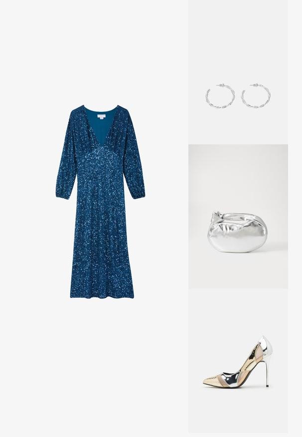 Never Fully Dressed SEQUIN EMMA DRESS - Vestido de fiesta - teal; Zapato de tacón alto con punta afilada en una combinación de colores plateado, dorado y nude. Acabado brillante con diseño recortado, que presenta un tacón de aguja.; Bolsa de pouch metálica plateada con una forma suave y redondeada y un cierre en la parte superior con un nudo. Hecha de un material de imitación de cuero suave.; Pendientes de aro de plata con diseño retorcido, que presentan un acabado pulido y cierre de presión. Miden aproximadamente 3 cm de diámetro.