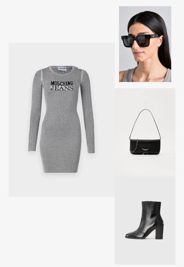 Pletena obleka v sivi barvi z navpičnimi črnimi črtami. Ima dolge rokave in okroglo ovratnico. "Moschino Jeans" logo čez prsa.; Črne usnjene gležnarske čevlje z gladko teksturo, koničastim nosom in debelim visokim petam. Imajo stransko odprtino in minimalističen dizajn.; Črne velike sončna očala s kvadratnimi okvirji, temnimi lečami in subtilnim logotipom s krilom na ročaju. Na straneh imajo teksturirane poudarke.; Črna usnjena torbica s srebrnim verižnim ročajem, ki ima okrasne krilate poudarke in belo šivanje ob spodnjem šivu.