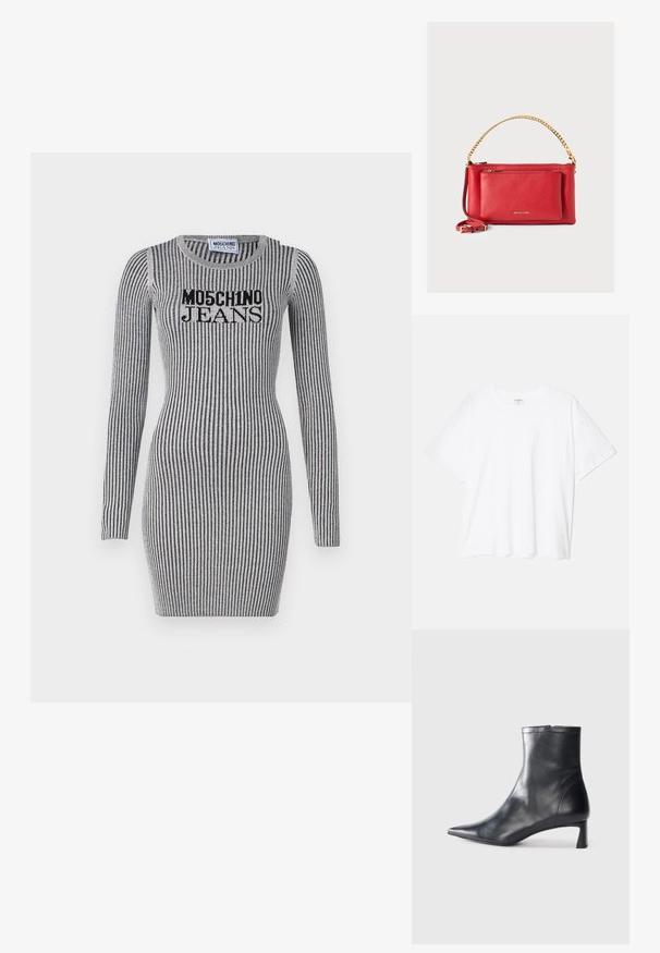 Virkattu mekko harmaana, jossa on pystysuorat mustat raidat. Ominaisuuksia pitkät hihat ja pyöreä kaula-aukko. "Moschino Jeans" -logo rinnassa.; Valkoinen puuvillapaita lyhyillä hihoilla, pyöreällä pääntiellä, rentoa tyyliä ja ommeltu helma. Tunniste näkyvissä sisäkauluksessa.; Musta nahkainen nilkkabotti, jossa on teräväkärkinen muotoilu ja tyylikäs design. Varusteena matala korko ja takana vetoketjukiinnitys. Sileä pinta.; Punainen nahkakäsilaukku, jossa on teksturoitu pinta, kultaketju ja -olkahin, etupuolella vetoketjullinen tasku ja kohokuvioitu logo. Kompakti ja jämäkkä muotoilu.