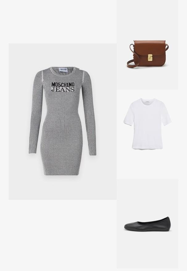 Pilkos spalvos megzta suknelė su vertikaliomis juodomis juostelėmis. Turi ilgomis rankovėmis ir apvaliu iškirpimu. "Moschino Jeans" logotipas ant krūtinės.; Balta trumpa rankovėmis marškinėliai, pagaminti iš pasiruošusio audinio. Apvali iškirptė, reguliari tinkamumas ir subtilūs siuvimo detalės. Be raštų ar grafikos.; Juodai odiniai baletai su apvaliu pirštu, lygi texture, minimalus siuvimo detales ir lanksčiu padų dizainu.; Ruda odinė rankinė su uždaromu dangteliu, aukso spalvos detalėmis, petneša ir lygiu paviršiumi. Kompaktiška stačiakampio formos.