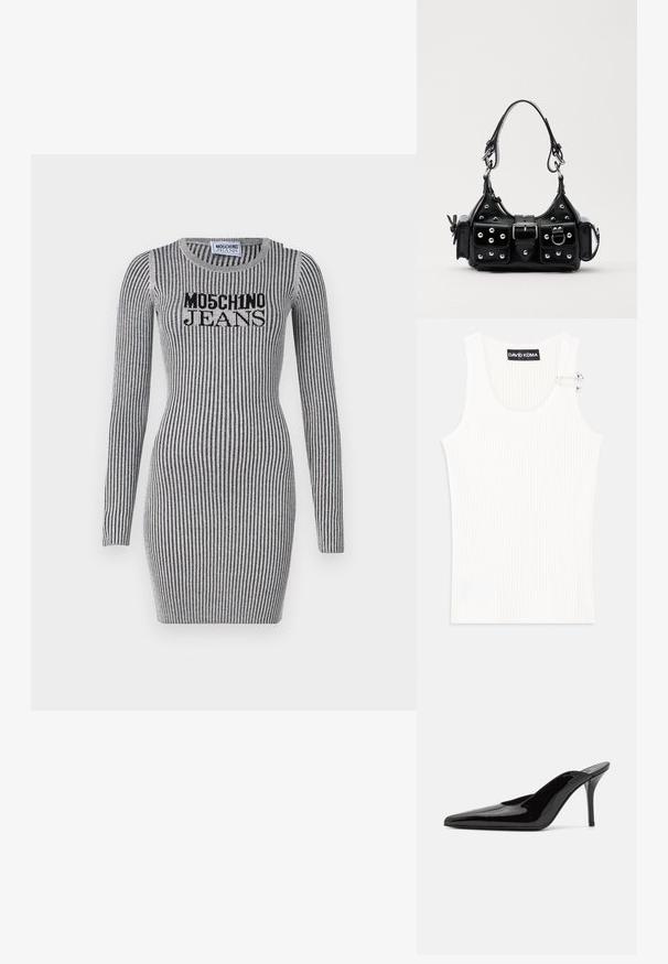 Szürke kötött ruha függőleges fekete csíkokkal. Hosszú ujjú és kerek nyakú. A mellen "Moschino Jeans" logó látható.; Fehér bordázott ujjatlan felsőrész körkivágással és fém részleteléssel a vállon. Puha tapintású, testhezálló fazonú.; Fekete lakkbőr magas sarkú mules cipő, hegyes orral és karcsú sz Siluettel, nyitott hátsó résszel és vékony stilettó sarokkal.; Fekete bőr kézitáska ívelt designnal, ezüst szegecsekkel, csattal és két oldalsó zsebbel. Állítható vállpánt a hordozási lehetőségekhez.