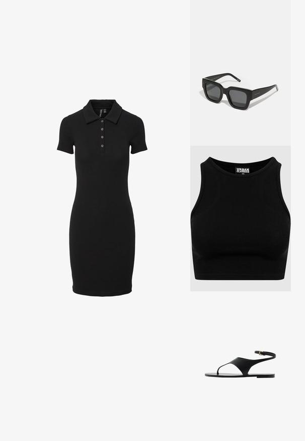 Czarna prążkowana sukienka polo o dopasowanym kroju, z krótkimi rękawami i kołnierzykiem z trzema guzikami na listwie. Gładka faktura na całej powierzchni.; Czarny prążkowany krótki top o okrągłym dekolcie i bezrękawowym fasonie. Wykonany z elastycznej, teksturowanej tkaniny. Metka z napisem "Urban Classics."; Czarne płaskie sandały o minimalistycznym designie, z pojedynczym paskiem i zapięciem na kostce. Wykonane z gładkiego materiału, z płaską podeszwą.; Czarne okulary przeciwsłoneczne w kwadratowym kształcie z ciemnymi soczewkami, grubą plastikową oprawką i eleganckimi zausznikami. Posiadają subtelne logo na boku.