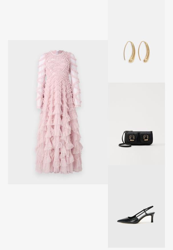Pink ruffled dress with long sheer sleeves, featuring a textured bodice and layered frills on the skirt, creating a voluminous appearance.; Black patent slingback heel with a pointed toe, featuring textured snake print, adjustable strap, and a short, textured block heel.; Black leather crossbody bag with two front pockets, gold buckles, zipper closure, and a slim strap. Textured surface and compact rectangular shape.; Gold-tone metal hoop earrings with a curved, elongated shape. Features a smooth, shiny surface and a rounded tip for added detail.