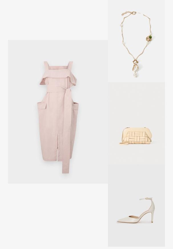 Světle růžové šaty s volánkovým výstřihem, širokými ramínky, páskem na uvázání a dvěma bočními kapsami. Mají rovný střih a rozparek na lemování.; Bílé kožené lodičky na vysokém podpatku s špičatou špičkou, kotníkovým páskem a štíhlým jehlovým podpatkem. Hladká textura s mírným lesklým povrchem.; Tkaná béžová dámská kabelka se strukturovaným designem, která má hladký vršek a dlouhý popruh. Texturované detaily zvyšují celkový vzhled.; Zlatý náhrdelník s propletenými články, bílými perlami a akcentem zeleného kamene. Obsahuje složité detaily a zapínání.