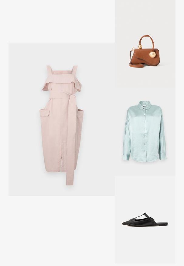 Světle růžové šaty s volánkovým výstřihem, širokými ramínky, páskem na uvázání a dvěma bočními kapsami. Mají rovný střih a rozparek na lemování.; Svetle modrá košile s knoflíky, vyrobená z lesklého, jemného materiálu; má límec, dlouhé rukávy a zakulacený lem s uvolněným střihem.; Černé kožené slingback boty se špičatou špičkou, s tkaným akcentem a plisovaným designem svršku. Plochá podešev s minimálním kovovým zapínáním.; Hnědá kožená kabelka s vlnitým designem, která má dva kruhové zlaté akcenty a odnímatelný ramenní popruh pro všestranné nošení.