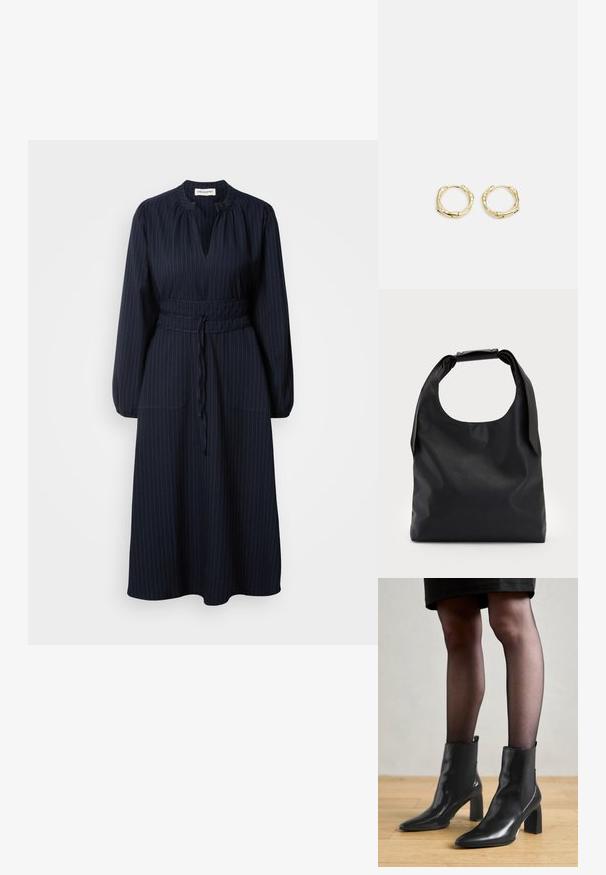 Mornarskoplava haljina s vertikalnim prugama, dugim rukavima, nabranim izrezom i strukom s pojasom. Ima dva prednja džepa.; Crne kožne gležnjače s šiljastim vrhom, robusnim četvrtastim potplatom i elegantnim dizajnom. Imaju elastične bočne panele za jednostavno oblačenje.; Crna kožna hobo torba s jednim mekanim, zaobljenim ručkom; karakterizira je glatka tekstura i minimalistički dizajn. Nema vidljivih hardverskih detalja ili akcenata.; Zlatne okrugle naušnice s teksturiranim, nepravilnim oblikom. Imaju nevidljivo zatvaranje i polirani završni sloj, što naglašava moderan dizajn.