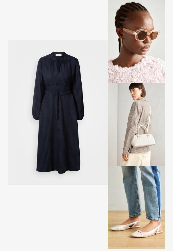 Marinblå klänning med vertikala ränder, långärmad, med plisserad halsringning och midja med bälte. Har två framfickor.; Ljust rosa slingback-lägenheter med spetsig tå, tillverkade av ett slätt läderliknande material. Har utskurna detaljer på sidorna och en platt häl.; Beige oversized solglasögon med genomskinlig båge och bruna tonade linser, med subtila blommönster och djärv, geometrisk design.; Vitt strukturerat handväska med korta handtag och en axelrem, med gyllene detaljer och texturerat material, visad mot en grå bakgrund.; Silver ring med dubbel band och en slät, polerad yta. Har en flödande, böjd design med överlappande sektioner för en modern stil.