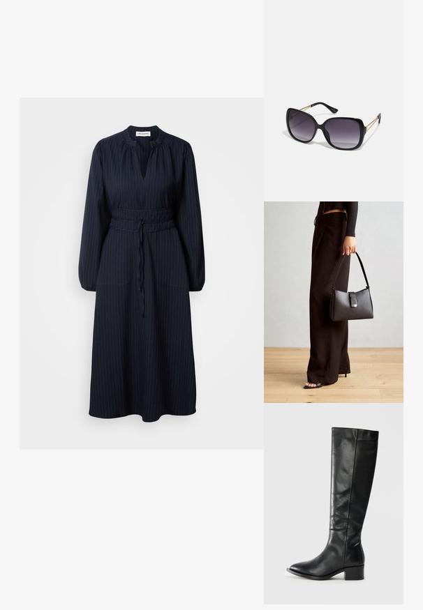 Mørkeblå kjole med vertikale striper, lange ermer, plisserte detaljer ved halsen og belte i midjen. Har to frontlommer.; Svart knelengde lærstøvel med lav blokkheel og rund tå, vist i sideprofil på hvit bakgrunn.; Sorte oversized solbriller med gradient linser, tykke rammer og detaljering med gulltonekjede på tempelarmene.; Svart håndveske med strukturert form, jevn tekstur og metallisk lås. Kombinert med brede svarte bukser og sandaler med åpen tå på tregulv.