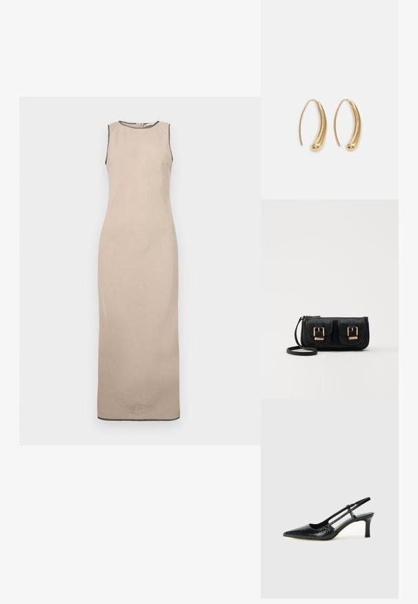 Beige ermeløs maxikjole med en jevn tekstur, med rund hals og subtile svarte detaljer langs kantene.; Sorte patent slingback hæl med spids tå, featuring tekstureret slangeskind, justerbar rem og en kort, tekstureret blokhæl.; Svart skinn crossbody veske med to frontlommer, gyldne spenner, glidelåslukking og en slank stropp. Teksturert overflate og kompakt rektangulær form.; Gullfargede metalløredobber med en buet, forlenget form. Har en jevn, blank overflate og en avrundet tupp for ekstra detaljer.