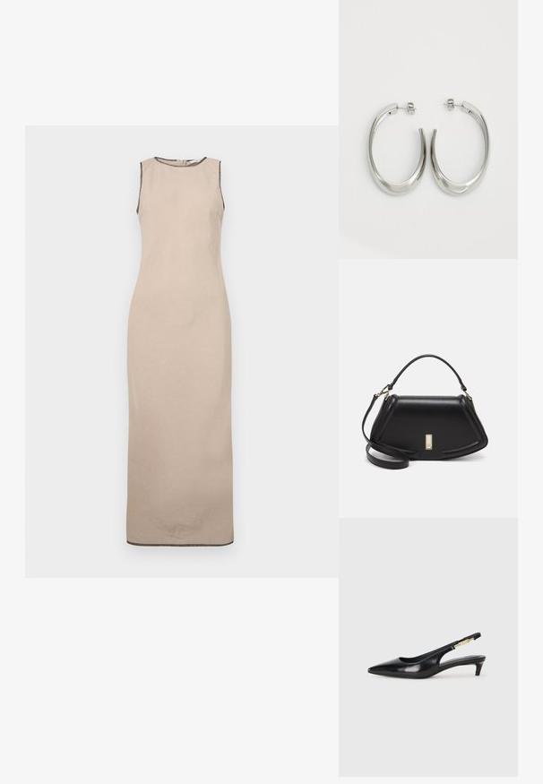 Beige sleeveless maxi dress with a smooth texture, featuring a round neckline and subtle black trim along the edges.; Black leather slingback heels with a pointed toe, featuring a slim heel and a gold-tone accent on the adjustable strap. Smooth texture.; Black leather handbag with a structured design, featuring a cropped shape, top handle, and gold hardware accent. Adjustable shoulder strap included.; Silver hoop earrings with a smooth, curved design. Features a shiny metallic finish and stud closure. No visible patterns or accents.